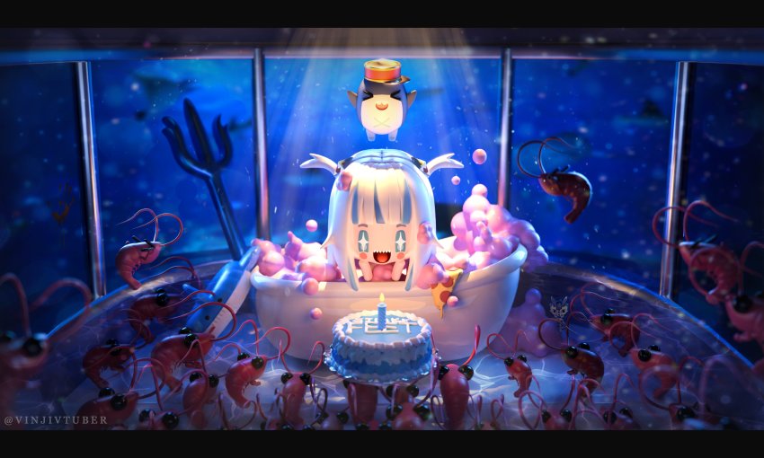 1girl 3d absurdres bath birthday birthday_cake bloop_(gawr_gura) blue_eyes blue_hair blunt_bangs bubble_bath cake candle commentary english_commentary english_text food gawr_gura hair_ornament highres hololive hololive_english inflatable_shark inflatable_toy innertube medium_hair multicolored_hair open_mouth pepperoni pizza pizza_slice polearm shark_girl shark_hair_ornament sharp_teeth shrimp sparkling_eyes streaked_hair swim_ring teeth todaypancake trident twitter_username two_side_up underwater virtual_youtuber weapon white_hair window