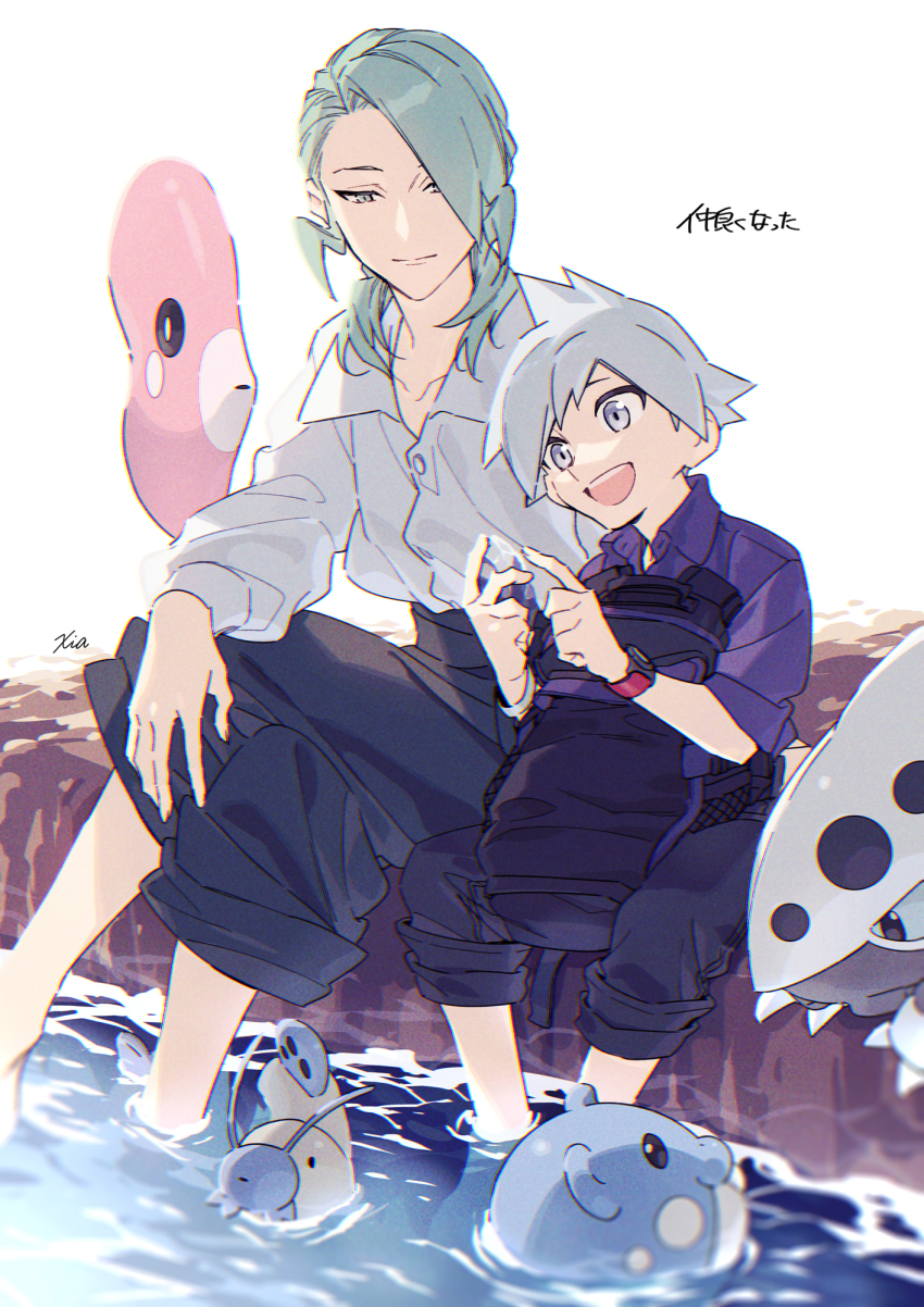 2boys aged_down backpack bag barboach black_pants buttons collarbone collared_shirt commentary_request crossed_legs gen_3_pokemon green_hair grey_eyes grey_hair grey_shirt highres holding lairon long_hair long_sleeves luvdisc male_focus multiple_boys nintendo open_mouth pants pants_rolled_up pokemon pokemon_(creature) pokemon_rse purple_shirt shirt short_hair signature sitting soaking_feet spheal steven_stone teeth tongue unworn_backpack unworn_bag wallace_(pokemon) watch water wristwatch xia_(ryugo)