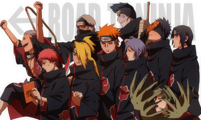1girl 6+boys akasuna_no_hedoro akatsuki_(naruto) black_eyes black_hair blonde_hair blue_eyes blue_hair breasts brown_eyes deidara_(naruto) forehead_protector green_eyes green_hair hair_over_one_eye hidan_(naruto) hoshigaki_kisame kakuzu_(naruto) konan_(naruto) long_hair mask multiple_boys naruto:_road_to_ninja naruto_(series) naruto_shippuuden orange_hair pain_(naruto) pain_(tendo) purple_eyes red_hair rinnegan sasori_(naruto) short_hair spiked_hair uchiha_itachi uchiha_obito underboob yellow_eyes zetsu_(naruto)