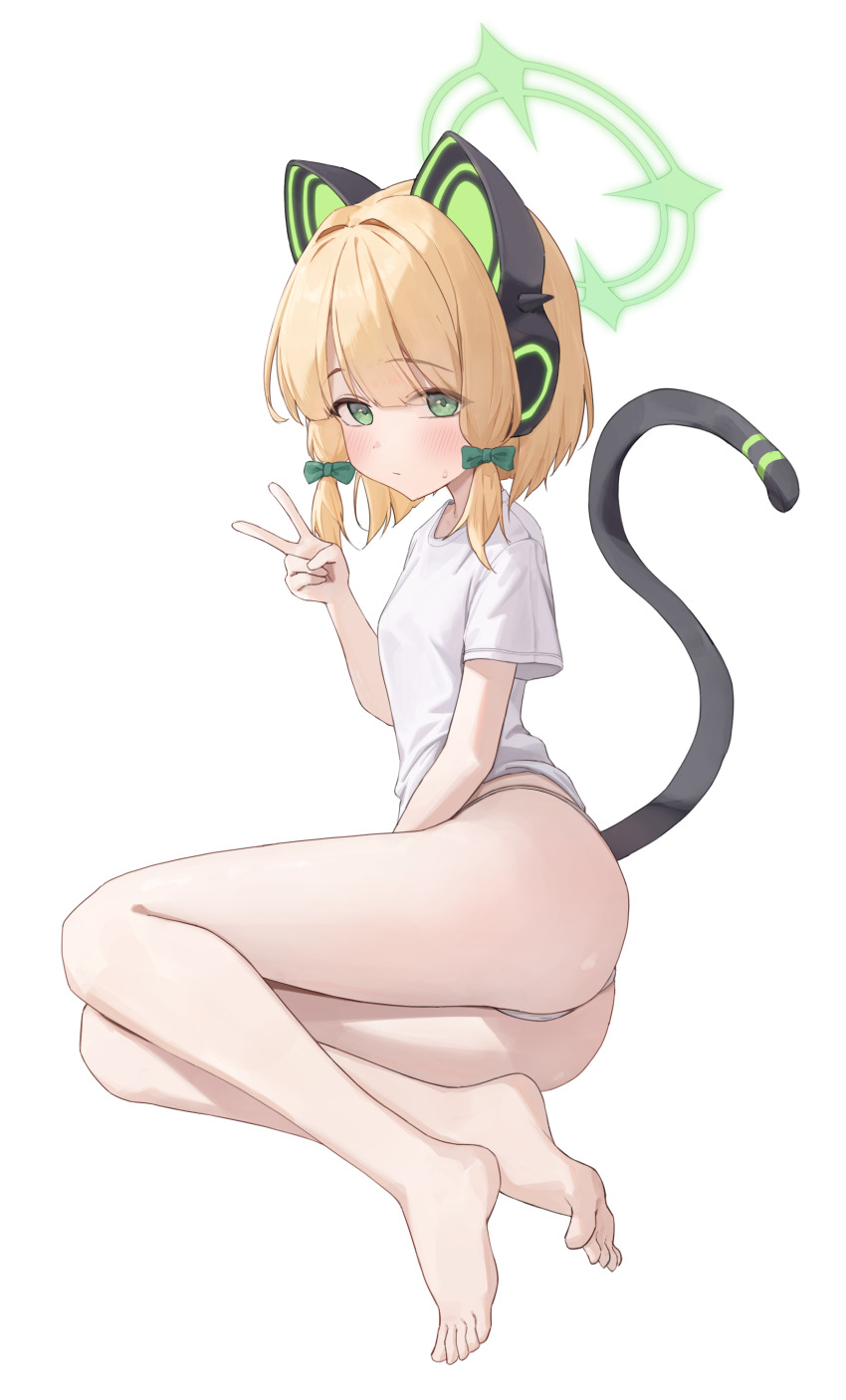 1girl absurdres alternate_costume animal_ear_headphones animal_ears ass bare_legs barefoot blonde_hair blue_archive blunt_bangs blush bow casual cat_ear_headphones cat_ears cat_tail closed_mouth commentary eyes_visible_through_hair fake_animal_ears fake_tail feet frown full_body green_bow green_eyes green_halo hair_bow hair_intakes halo hand_up headphones highres knees_together_feet_apart korean_commentary legs looking_at_viewer lying medium_hair midori_(blue_archive) no_pants on_side panties shirt short_sleeves sidelocks simple_background solo springrain_06 sweatdrop t-shirt tail tail_raised thighs toes underwear v white_background white_panties white_shirt