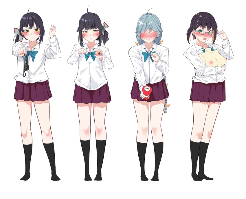 4girls adapted_costume ahoge alternate_costume aqua_bow aqua_bowtie asymmetrical_bangs black_hair black_panties black_socks blush bow bowtie braid collared_shirt colored_inner_hair cut_bangs dildo fujinami_(kancolle) glasses green_eyes grey_hair hair_ribbon hamanami_(kancolle) hayanami_(kancolle) highres holding holding_panties holding_sex_toy holding_underwear holding_unworn_clothes kantai_collection long_hair long_sleeves miniskirt multicolored_hair multiple_girls nose_blush okinami_(kancolle) orange_hair panties pleated_skirt purple_skirt ribbon sex_toy shirt short_hair side_ponytail single_braid skirt socks underwear white_ribbon white_shirt yellow_eyes yungel