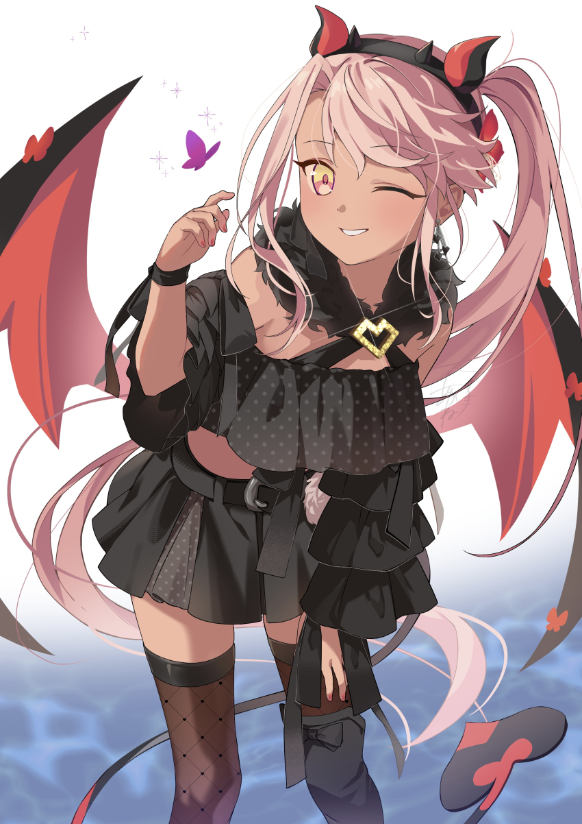 1girl absurdres akaneko016 bare_shoulders blush breasts chloe_von_einzbern chloe_von_einzbern_(celebratory_attire) dark-skinned_female dark_skin demon_horns demon_tail demon_wings fate/grand_order fate_(series) grin highres horns long_hair long_sleeves looking_at_viewer navel one_eye_closed orange_eyes pink_hair small_breasts smile solo stomach_tattoo tail tattoo thighhighs wings