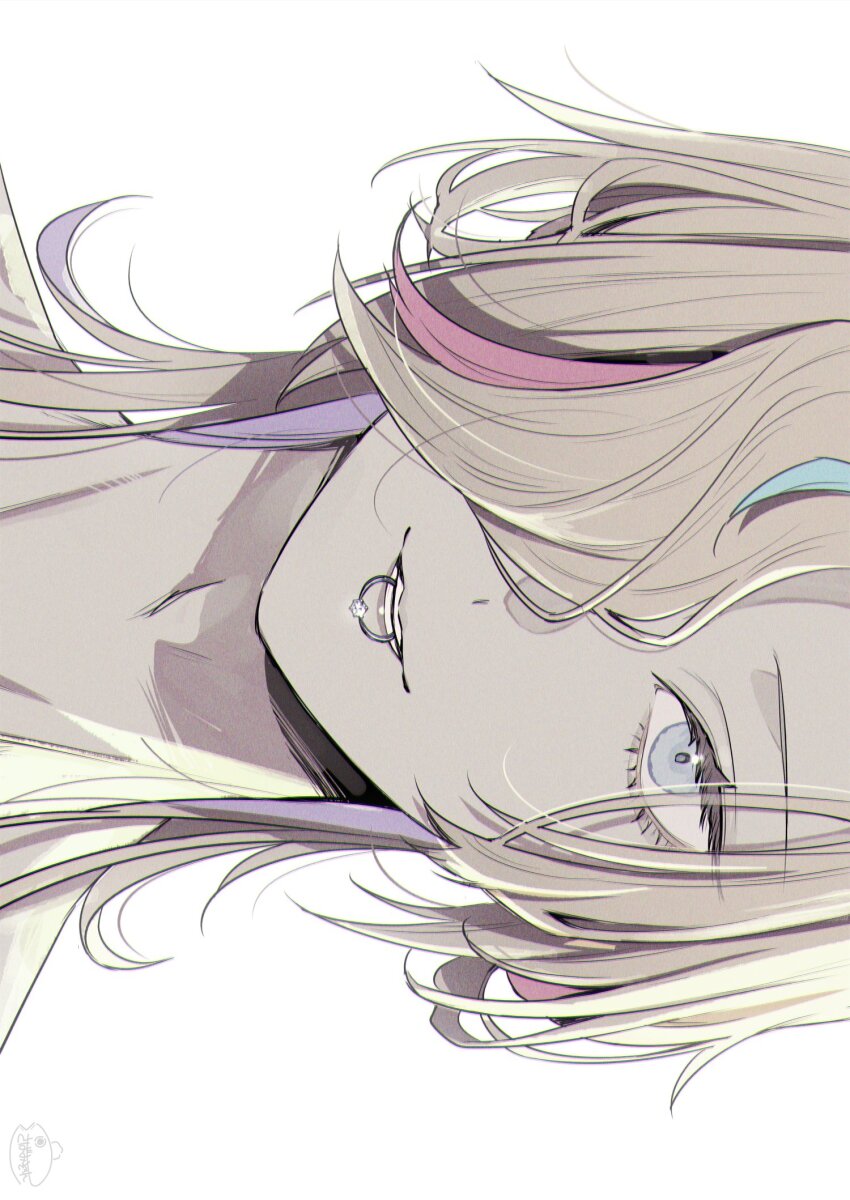 1boy bishounen blue_hair close-up grey_eyes hair_over_one_eye highres holostars jewelry looking_at_viewer male_focus medium_hair mouth_hold multicolored_hair one_eye_covered pink_hair portrait purple_hair ring sideways simple_background smile solo straight-on streaked_hair teeth tsukana_(saba_mizore) unworn_ring utsugi_uyu virtual_youtuber white_background white_hair