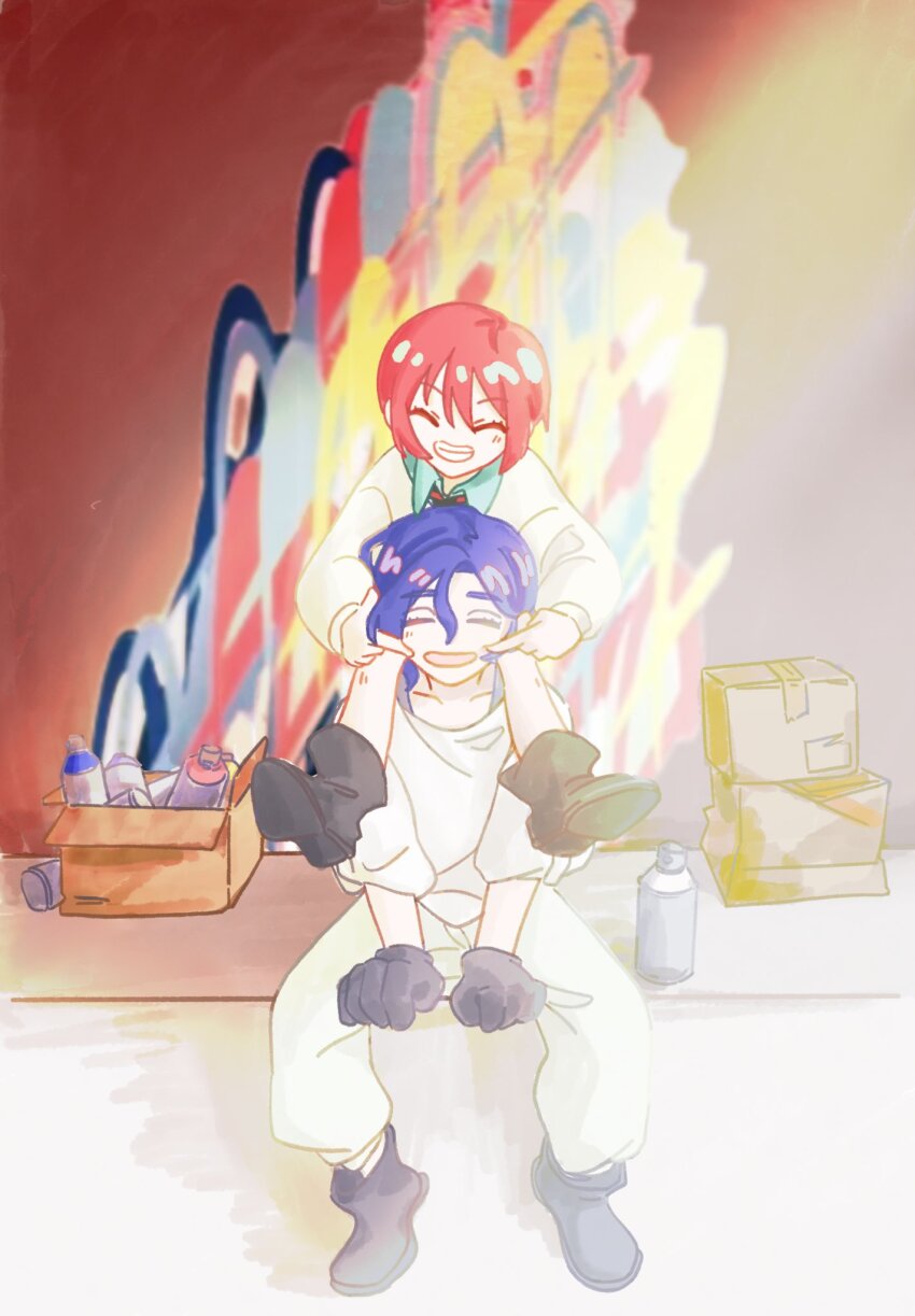 1boy 1girl amate_yuzuriha blue_hair boots closed_eyes commentary gloves graffiti grey_boots grey_gloves grin gundam gundam_gquuuuuux highres incoonter long_sleeves pants red_hair school_uniform shirt short_hair shuji_ito smile spray_can spray_paint white_pants