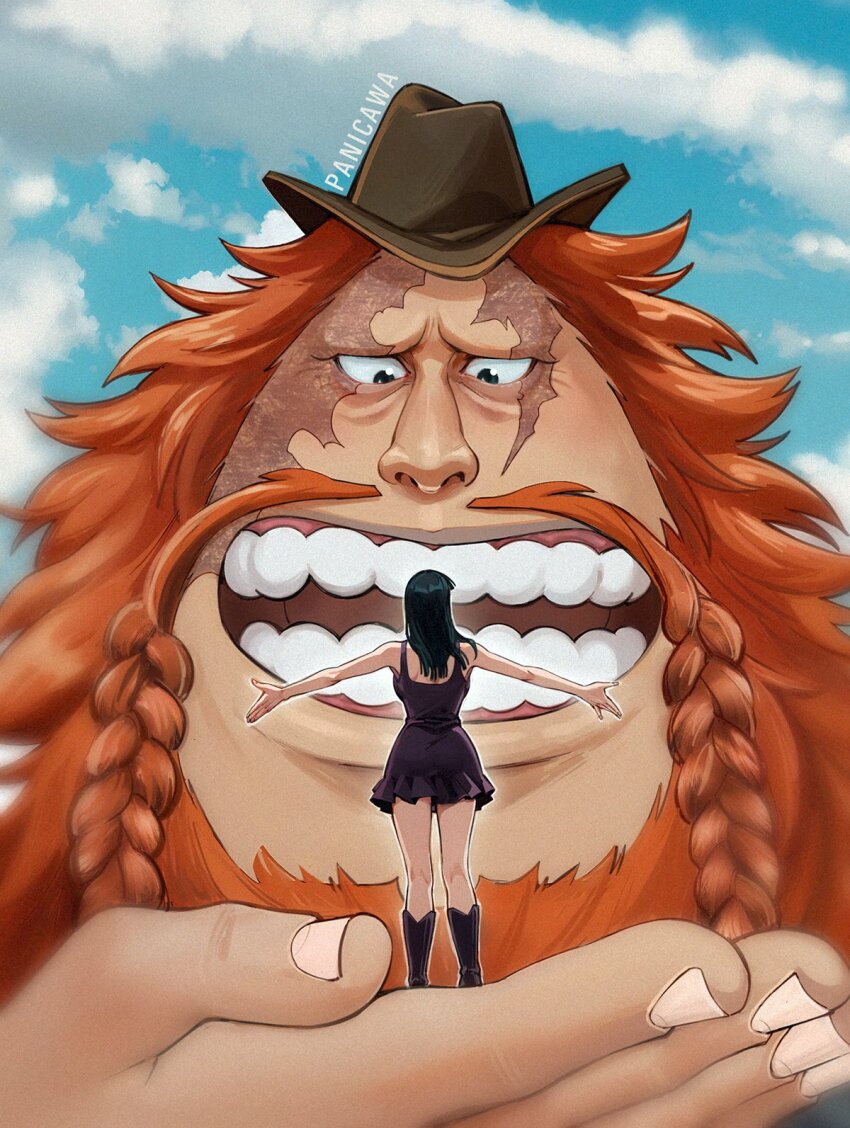 1boy 1girl adelheid_(moschiola) artist_name back beard blue_sky boots braid braided_beard carrying carrying_person cloud commentary cowboy_hat dress facial_hair giant hat highres jaguar_d._saul long_hair nico_robin nico_robin_(elbaf) one_piece orange_hair outstretched_arms round_teeth scar scar_on_face size_difference sky smile teeth