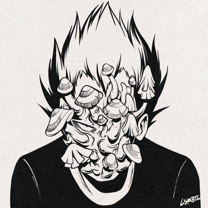 1boy commentary csmbtc dorohedoro en_(dorohedoro) english_commentary fungal_growth greyscale highres inktober looking_at_viewer male_focus monochrome mushroom mushroom_on_head short_hair signature simple_background spiked_hair upper_body