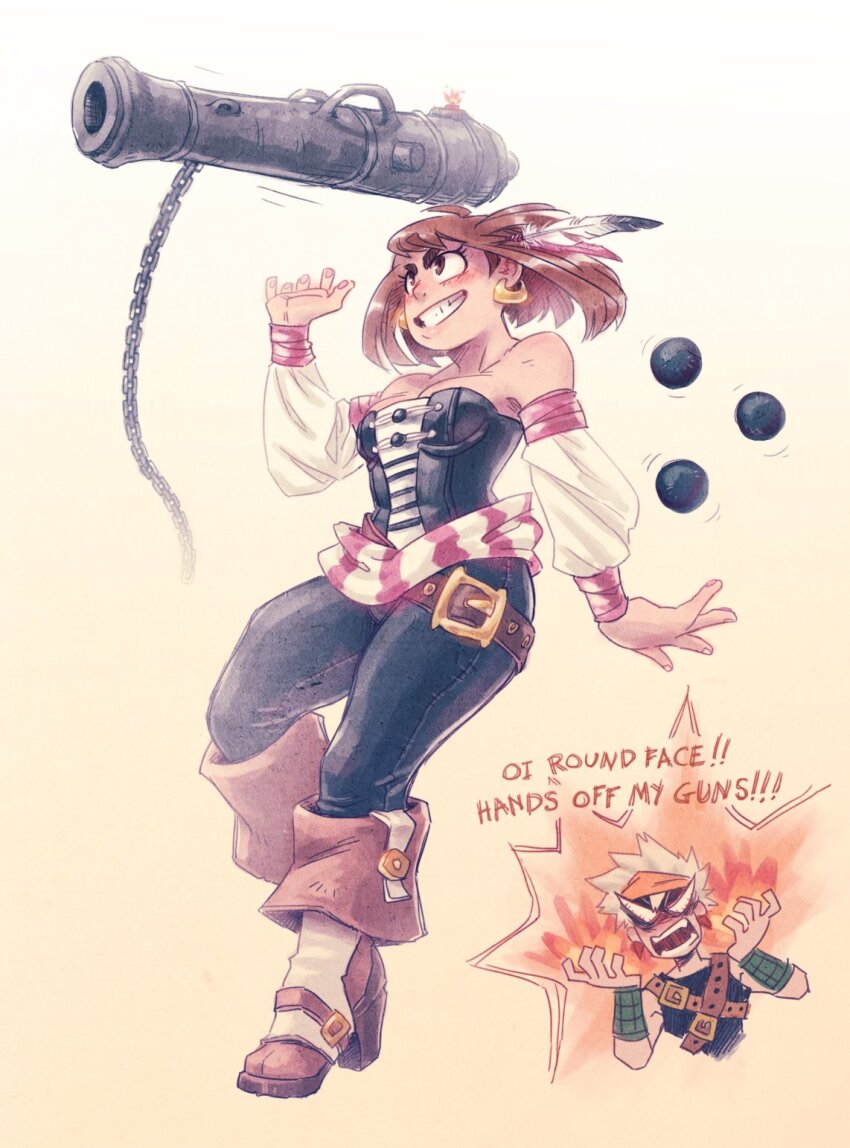 1boy 1girl alternate_costume bakugou_katsuki blonde_hair boku_no_hero_academia boots breasts brown_hair cannon cannonball earrings feathers headband highres jewelry off-shoulder off-shoulder_shirt off_shoulder pants pirate shirt syb tagme tank_top thick_thighs thighs tight_clothes tight_pants uraraka_ochako