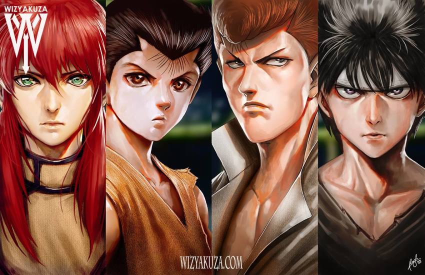 &gt;:( 4boys artist_name black_hair brown_eyes brown_hair collarbone dougi frown green_eyes hair_between_eyes headband hiei kurama_(yu_yu_hakusho) kuwabara_kazuma long_hair male_focus manly multiple_boys pompadour purple_eyes red_hair serious signature urameshi_yuusuke v-shaped_eyebrows watermark web_address widow&#039;s_peak wizyakuza yuu_yuu_hakusho