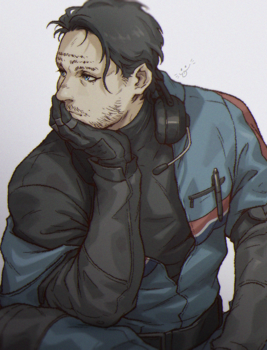 1boy arm_rest belt black_belt black_gloves black_hair black_shirt blue_eyes closed_mouth death_stranding facial_hair gloves hamms_hamss headphones headphones_around_neck headset higgs_(death_stranding) highres male_focus partially_unzipped shirt short_hair simple_background solo spacesuit white_background