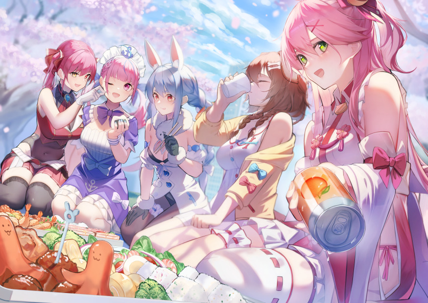 5girls absurdres ahoge anchor_symbol animal_ears arm_garter ascot asymmetrical_hair black_gloves black_leotard black_pantyhose black_thighhighs blue_bow blue_bowtie blue_dress blue_gemstone blue_hair blue_nails blue_sky blunt_bangs blush bodystocking bone_hair_ornament bow bowtie braid breasts brooch brown_hair can center_opening cheek_pinching cherry_blossoms chopsticks closed_eyes closed_mouth cloud cloudy_sky collar commentary covered_navel cropped_jacket cup day detached_sleeves dog_ears dog_girl don-chan_(usada_pekora) dress drill_hair drinking egg feet_out_of_frame food food_art framed_breasts french_braid frilled_collar frilled_shirt frills fur-trimmed_gloves fur_trim gem gloves green_eyes hair_between_eyes hair_ornament hair_ribbon hanami heterochromia highres holding holding_can holding_chopsticks holding_cup hololive inugami_korone inugami_korone_(1st_costume) jacket jewelry large_breasts leotard leotard_under_clothes light_blue_hair long_hair looking_at_another looking_at_viewer maid_headdress medium_hair minato_aqua minato_aqua_(1st_costume) miniskirt multicolored_hair multiple_girls nail_polish off_shoulder omelet one_eye_closed onigiri open_clothes open_jacket open_mouth outdoors panties panty_peek pantyhose parted_lips pero_(peroneko0510) petals picnic pinching pink_eyes pink_hair pink_panties pleated_skirt pom_pom_(clothes) rabbit_ears rabbit_girl reaching reaching_towards_viewer red_ascot red_eyes red_hair red_jacket red_ribbon red_skirt ribbon sakura_miko sakura_miko_(1st_costume) sakuramon salad seiza shirt short_sleeves shrimp shrimp_tempura side-tie_panties side_ponytail sidelocks single_bare_shoulder single_thighhigh sitting skirt sky sleeveless sleeveless_dress sleeveless_jacket smile strapless strapless_dress tako-san_wiener tamagoyaki tassel tempura thigh_strap thighhighs twin_braids twin_drills twintails two-tone_hair underwear usada_pekora usada_pekora_(1st_costume) virtual_youtuber white_dress white_gloves white_hair white_shirt white_thighhighs wide_sleeves wing_collar wrist_cuffs x_hair_ornament yellow_eyes yellow_jacket zettai_ryouiki