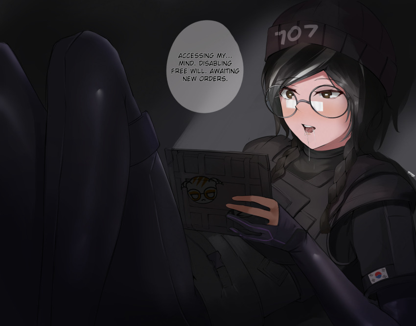 1girl beanie black_eyes black_hair braid dokkaebi_(rainbow_six_siege) drooling english_text eroborne fingerless_gloves gloves hat highres holding holding_tablet_pc hypnosis legs lying mind_control multicolored_hair on_back open_mouth rainbow_six rainbow_six_siege round_eyewear saliva screen_light simple_background solo speech_bubble tablet_pc tactical_clothes tongue tongue_out twin_braids two-tone_hair white_hair