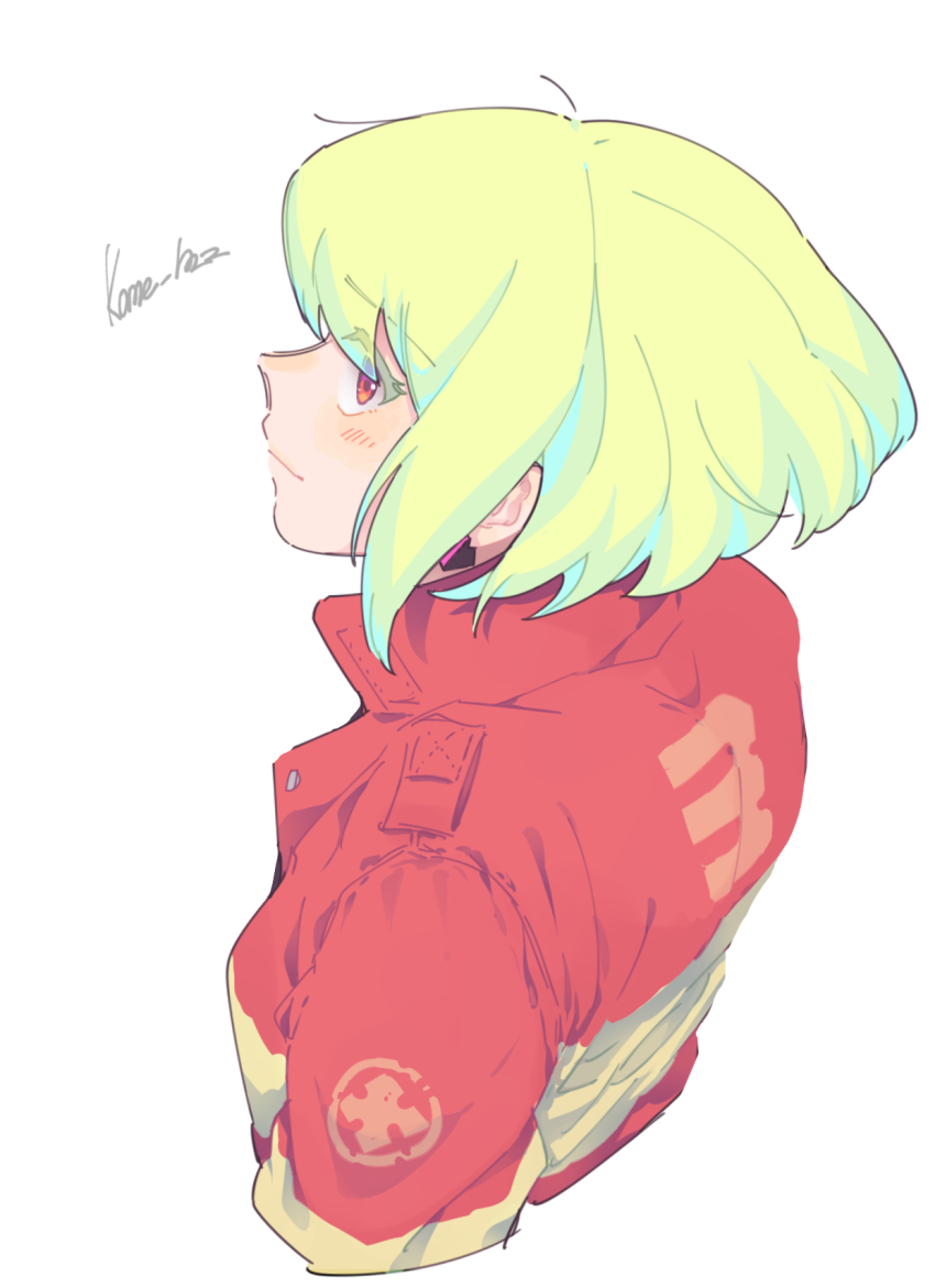 1boy androgynous artist_name blonde_hair blush closed_mouth collared_jacket colored_eyelashes commentary_request cropped_torso firefighter_jacket highres jacket kome_1022 light_smile lio_fotia looking_back male_focus multicolored_jacket promare simple_background solo white_background