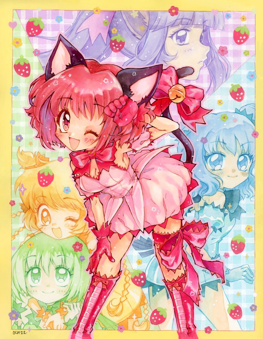 5girls absurdres aizawa_mint animal_ears bell bow breasts cat_ears cat_girl cat_tail cleavage colorful dress fong_pudding food fruit fujiwara_zakuro highres jingle_bell magical_girl mew_ichigo mew_lettuce mew_mint mew_pudding mew_zakuro midorikawa_lettuce momomiya_ichigo multiple_girls oceaninspace one_eye_closed pink_dress pink_eyes pink_hair smile solo_focus strawberry tail tail_bell tail_bow tail_ornament tokyo_mew_mew tokyo_mew_mew_new