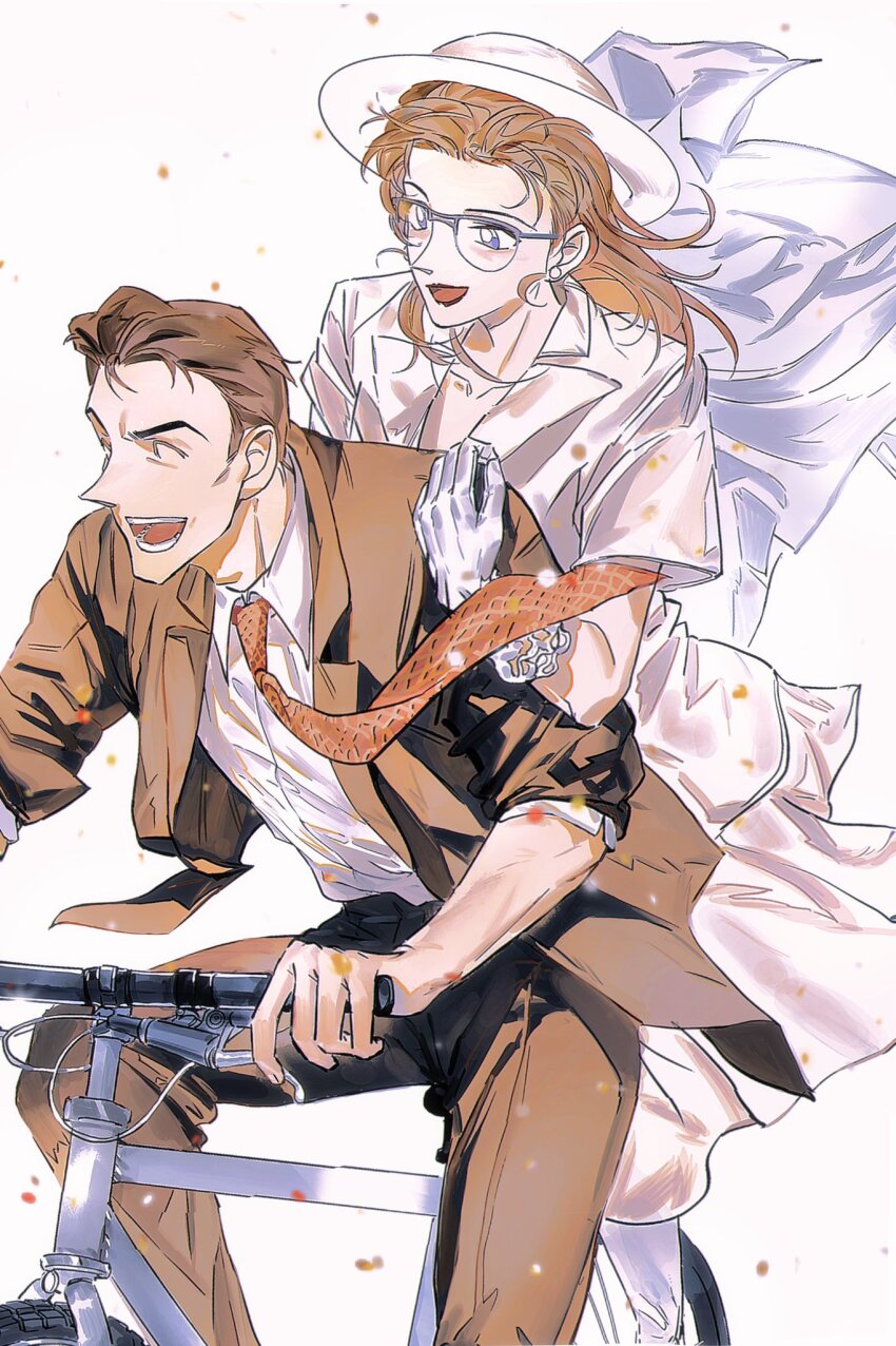 1boy 1girl bicycle black_hair blue_eyes couple dress formal_clothes hetero highres kisaki_eri long_hair meitantei_conan mercuryxun mouri_kogoro riding riding_bicycle short_hair simple_background suit white_background