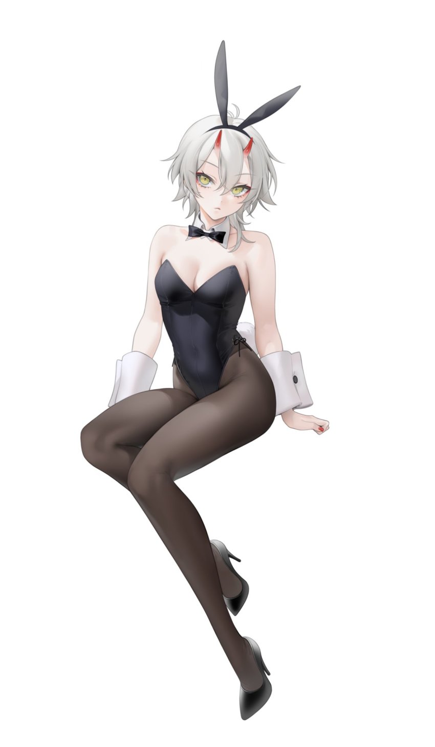 1girl animal_ears azur_lane bare_shoulders black_leotard bow bowtie breasts cleavage detached_collar fake_animal_ears high_heels highres horns kinu_(azur_lane) leotard nail_polish ohisashiburi oni_horns pantyhose playboy_bunny pumps rabbit_ears rabbit_tail shoes short_hair side-tie_leotard simple_background sitting small_breasts solo stiletto_heels strapless strapless_leotard tail white_background white_hair wrist_cuffs yellow_eyes
