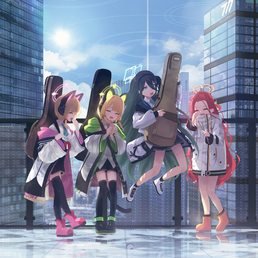 4girls animal_ear_headphones animal_ears aris_(blue_archive) black_footwear black_hair black_skirt black_thighhighs blonde_hair blue_archive blue_eyes blue_necktie blue_sky boots bow building cat_ear_headphones closed_eyes cloud day drumsticks fake_animal_ears fake_tail game_development_department_(blue_archive) green_bow green_halo guitar_case hair_bow halo headphones highres holding holding_drumsticks instrument_case jacket jumping long_hair long_sleeves midori_(blue_archive) mo_ne momoi_(blue_archive) multiple_girls necktie open_clothes open_jacket open_mouth outdoors pink_boots pink_halo red_bow red_hair shirt shoes skirt sky smile sneakers standing standing_on_one_leg tail thighhighs very_long_hair white_footwear white_jacket white_shirt wide_sleeves yellow_halo yuzu_(blue_archive)