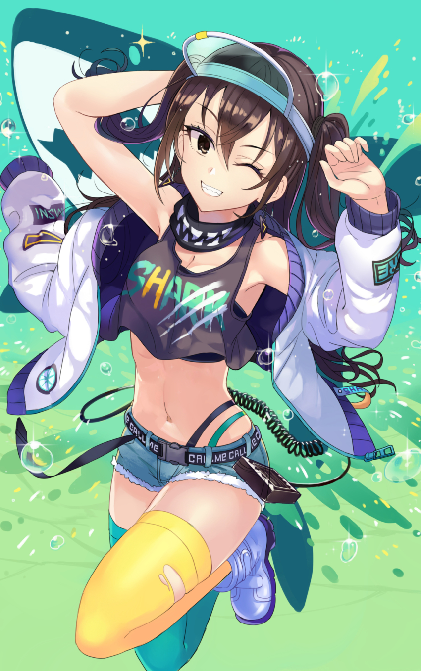 1girl arms_up ashita_(2010) asymmetrical_legwear bandana belt black_eyes black_shirt boots breasts brown_hair buckle cleavage clothes_writing coat commentary_request crop_top denim denim_shorts earrings full_body highres idolmaster idolmaster_cinderella_girls jewelry long_hair looking_at_viewer mismatched_legwear navel one_eye_closed open_clothes open_coat open_mouth shark sharp_teeth shirt shorts snap-fit_buckle solo sparkle strapless sunazuka_akira teeth thighhighs torn_clothes torn_thighhighs tube_top two_side_up visor_cap water_drop