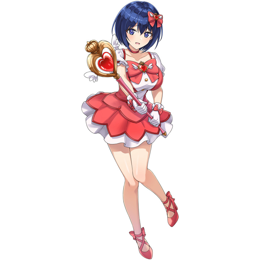 1girl blue_eyes blue_hair blush bow breasts brooch choker dolphin_wave footwear_bow game_cg gloves hair_bow heart heart_brooch high_heels highres holding holding_staff jewelry large_breasts mage_staff magical_girl non-web_source official_alternate_costume official_art ootomo_takuji open_mouth pink_bow red_choker short_hair smile solo staff standing tojou_michiru transparent_background white_gloves