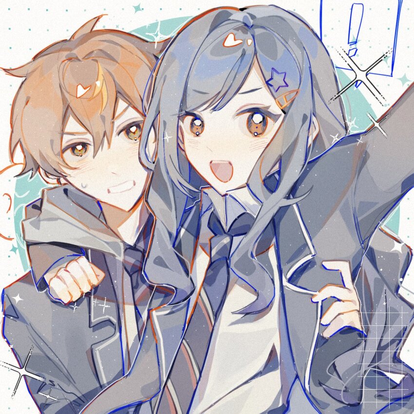 ! 1boy 1girl blonde_hair blue_background blue_hair blue_jacket blue_necktie brown_eyes collared_jacket collared_shirt commentary diagonal-striped_clothes diagonal-striped_necktie dotted_background double-parted_bangs green_eyes grey_jacket hair_between_eyes hair_ornament hand_on_another&#039;s_shoulder heart highres hood hood_down jacket kamiyama_high_school_uniform_(project_sekai) lapels long_hair long_sleeves looking_at_viewer masaka_(jizhu68846825) multicolored_hair multicolored_necktie necktie notched_lapels open_clothes open_jacket open_mouth orange_hair paperclip_hair_ornament project_sekai red_necktie school_uniform shinonome_akito shiraishi_an shirt side-by-side smile star_(symbol) star_hair_ornament streaked_hair striped_clothes sweat swept_bangs teeth two-tone_background two-tone_hair upper_body upper_teeth_only wavy_hair white_background white_necktie white_shirt