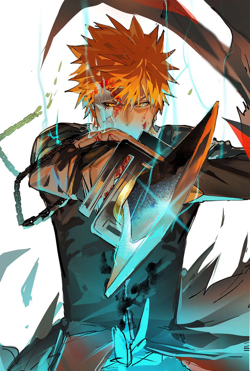 1boy aiming aiming_at_viewer black_robe bleach blood blood_on_clothes blood_on_face blood_on_hands bruise bruise_on_face chain chamsut0905 disintegration hair_between_eyes hand_on_own_wrist highres holding holding_sword holding_weapon injury kurosaki_ichigo looking_at_viewer male_focus mask orange_eyes orange_hair robe shihakusho short_hair simple_background solo spiked_hair striped_robe sword weapon white_background white_mask white_stripes