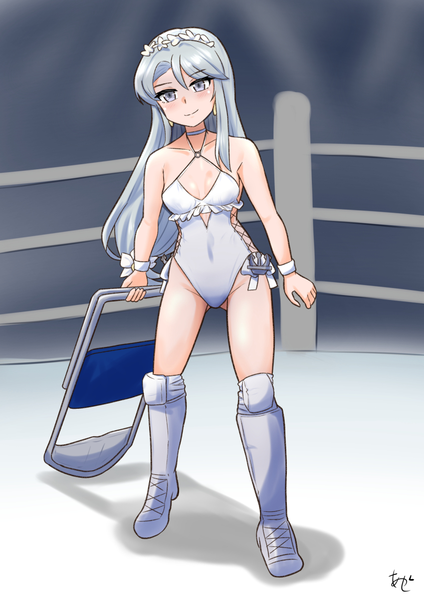 1girl adapted_costume akashieru artist_name asymmetrical_bangs boots casual_one-piece_swimsuit chair choker criss-cross_halter flower folding_chair frilled_one-piece_swimsuit frills full_body grey_hair hair_flower hair_ornament hairband halterneck highleg highleg_one-piece_swimsuit highres kantai_collection long_hair official_alternate_costume one-hour_drawing_challenge one-piece_swimsuit purple_eyes sagiri_(kancolle) sagiri_(swimsuit)_(kancolle) shawl side-tie_swimsuit solo swept_bangs swimsuit white_boots white_choker white_one-piece_swimsuit white_shawl wrestling_boots wrestling_ring wristband