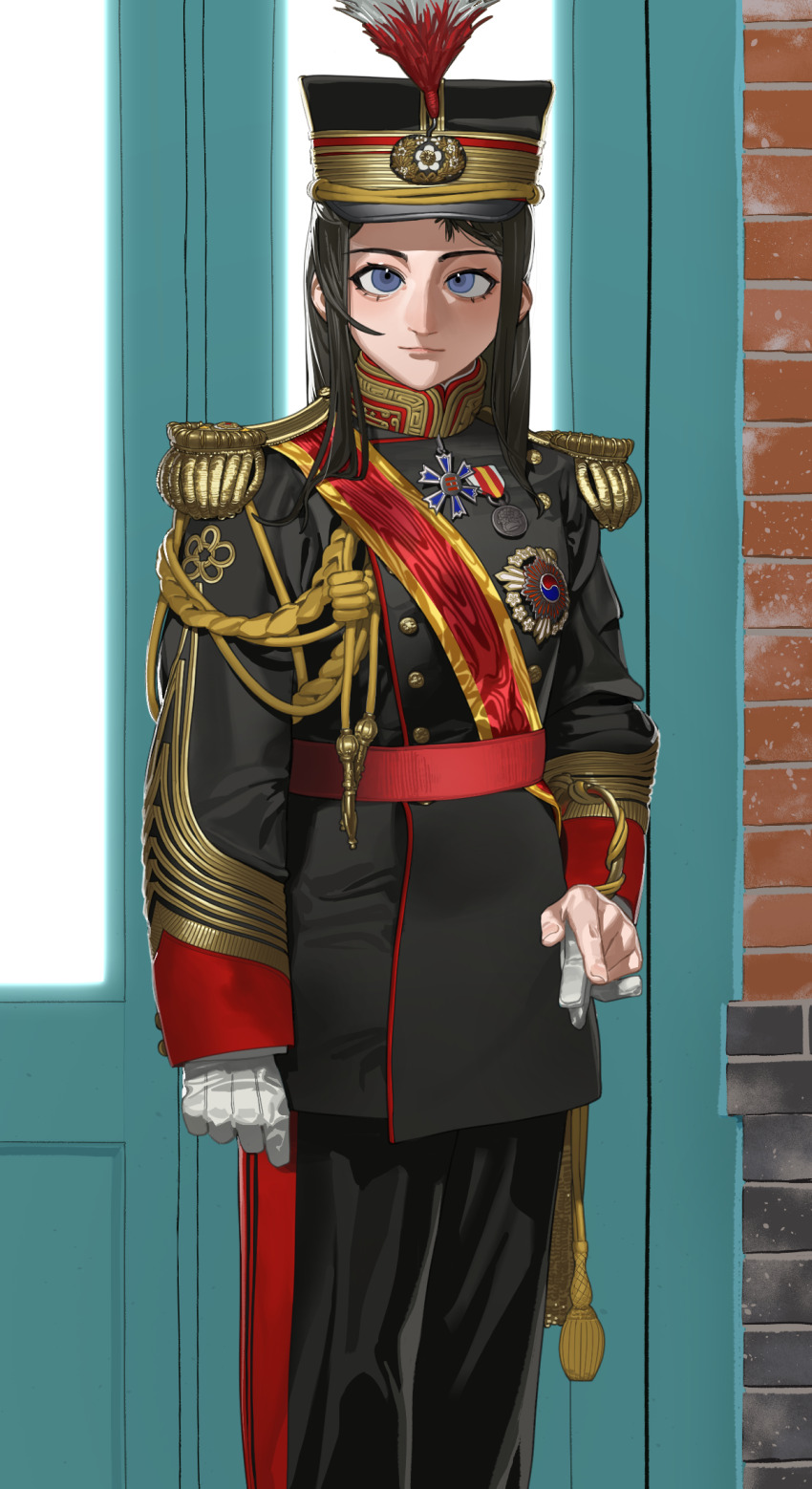 1girl aiguillette backlighting black_hair black_pants blue_eyes blush breasts buttons closed_mouth commentary_request double-breasted epaulettes gloves hat hat_ornament highres holding holding_gloves holding_unworn_clothes imperial_korean_army jacket korea korean_commentary korean_empire long_hair long_sidelocks long_sleeves looking_at_viewer medal military military_hat military_jacket military_uniform original pants plume pzkpfwi red_sash red_trim rose_of_sharon sash shako_cap shirt shoulder_sash sidelocks single_glove solo unworn_gloves white_gloves white_shirt yin_yang