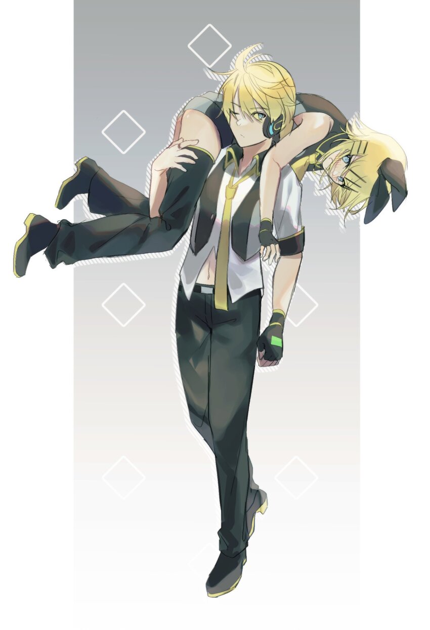 1boy 1girl black_bow black_footwear black_gloves black_pants black_shorts kagamine_rin_(black_star) blonde_hair blue_eyes kagamine_len_(blue_moon) blush bow carrying carrying_over_shoulder commentary fingerless_gloves fireman&#039;s_carry gloves grey_background grey_vest hair_bow hair_ornament hairclip hand_on_another&#039;s_thigh headphones highres kagamine_len kagamine_rin looking_at_another mipi navel necktie one_eye_closed open_mouth pants pillarboxed project_diva_(series) shirt short_shorts short_sleeves shorts single_fingerless_glove sleeveless sleeveless_shirt spiked_hair standing thighhighs vest vocaloid white_shirt yellow_necktie