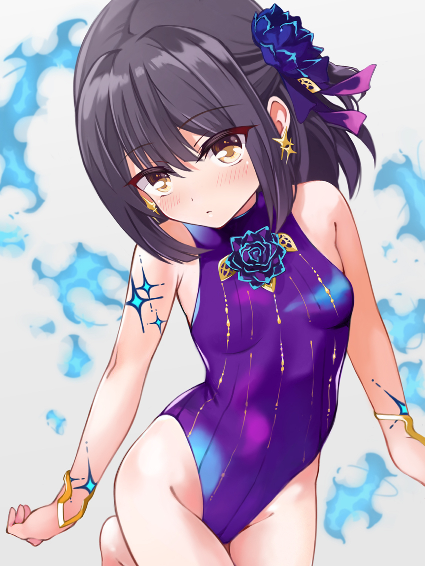 1girl bare_shoulders black_hair blue_fire blush body_markings bracelet breasts brown_eyes cosplay fate/grand_order fate/kaleid_liner_prisma_illya fate_(series) fire flower hair_flower hair_ornament hair_ribbon highleg highleg_one-piece_swimsuit highres jewelry kama_(fate) kama_(fate)_(cosplay) kama_(swimsuit_avenger)_(third_ascension)_(fate) large_breasts looking_at_viewer medium_hair miyu_edelfelt mochi_(k620803n) one-piece_swimsuit ribbon small_breasts solo swimsuit thighs