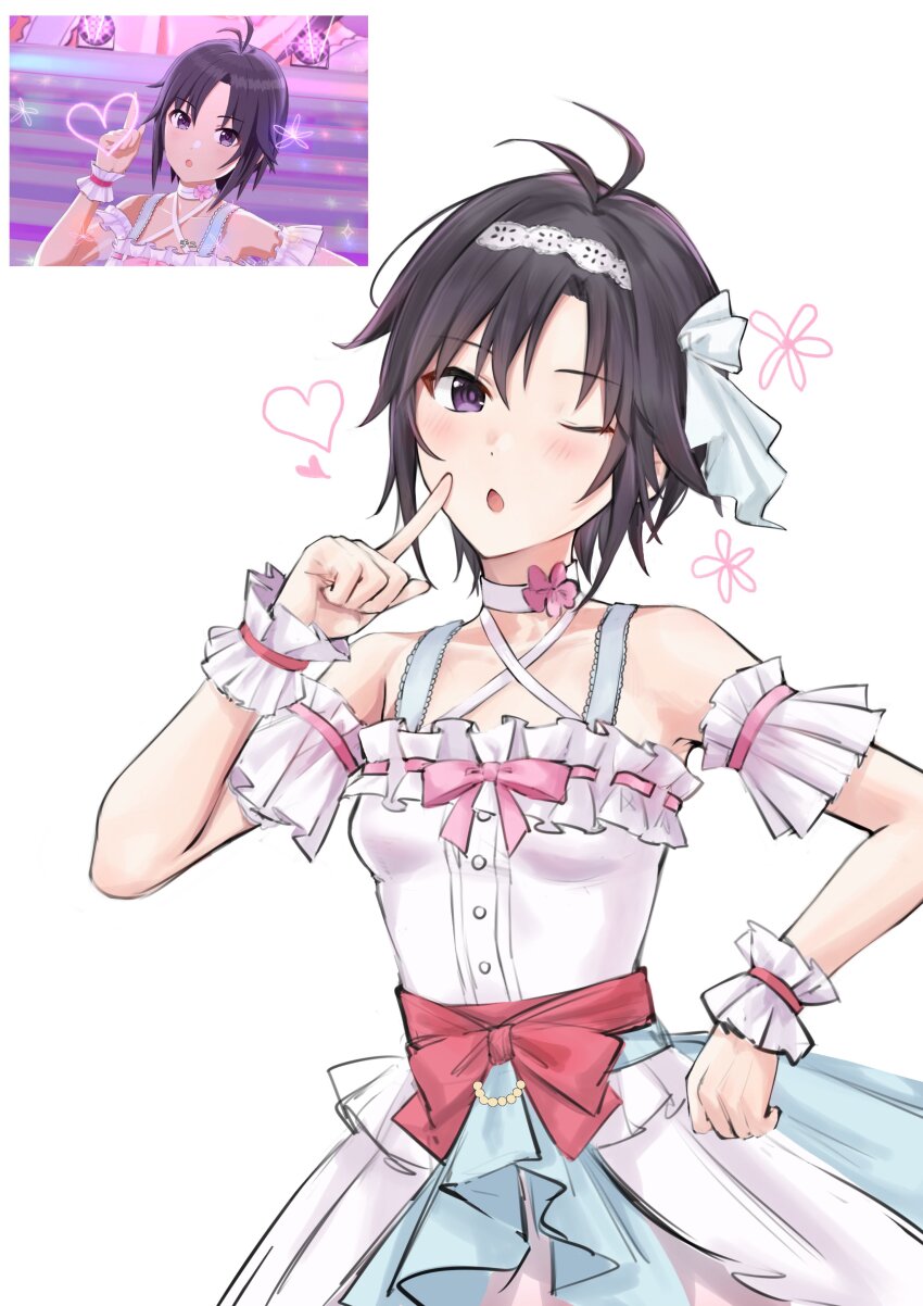 1girl absurdres aburi-gatana antenna_hair arm_garter bare_shoulders black_hair blush bow choker collarbone criss-cross_halter dress dress_bow finger_to_mouth flower_choker flower_symbol game_screenshot_inset hairband halterneck heart highres idolmaster idolmaster_(classic) idolmaster_shiny_colors idolmaster_shiny_colors_song_for_prism kikuchi_makoto one_eye_closed pink_bow purple_eyes red_bow reference_inset short_hair simple_background solo upper_body white_background white_choker white_dress white_hairband