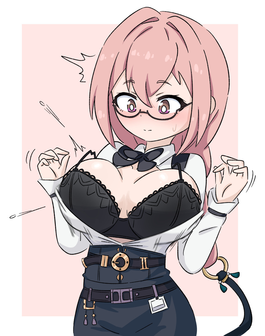 1girl arms_up black_bow bow bra breasts breasts_out closed_mouth female_focus glasses jua large_breasts looking_at_breasts looking_down medium_hair pink_eyes pink_hair shorts solo sweat trembling tsukishiro_yanagi underwear wet zenless_zone_zero