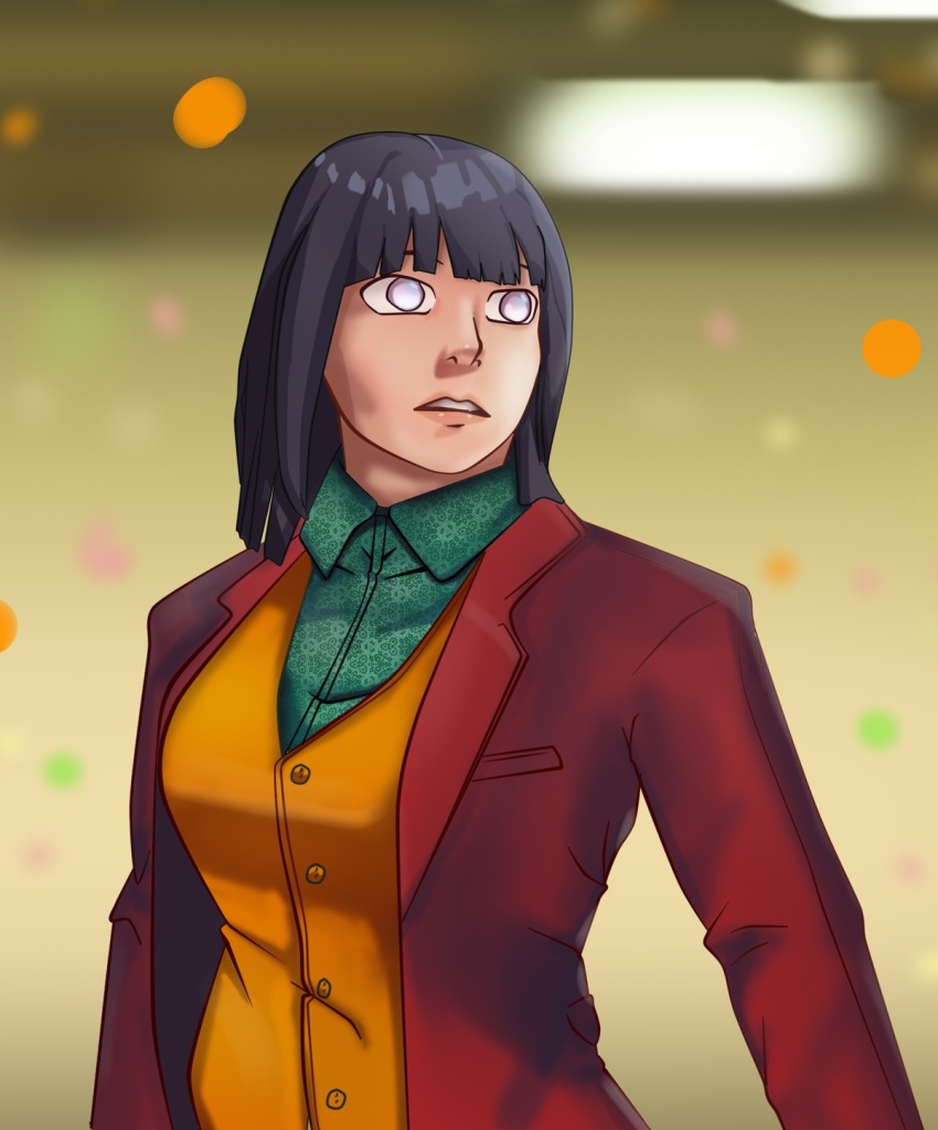 batman_(series) blue_hair boruto:_naruto_next_generations cosplay crossover dc_comics highres hyuuga_hinata jacket joker_(2019) joker_(dc)_(cosplay) mature_female naruto_(series) short_hair suit_jacket the_joker thedarkvictim white_eyes