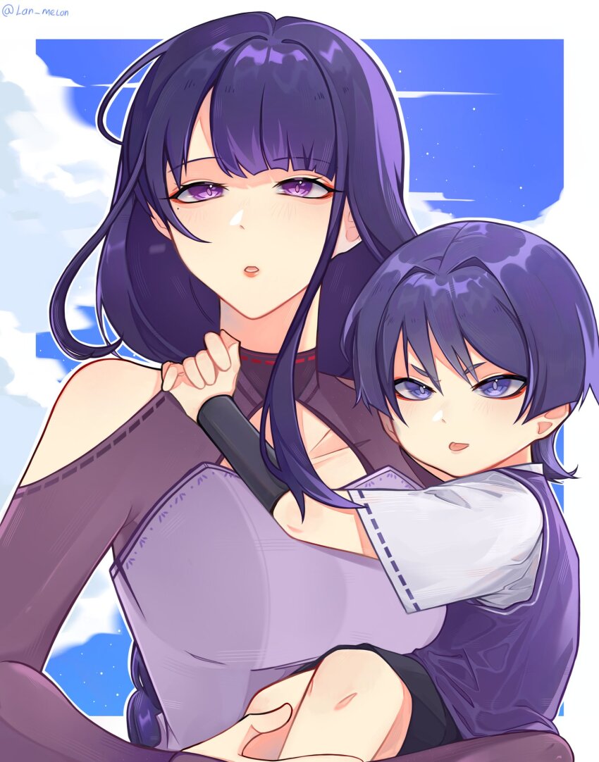 1boy 1girl aged_down alternate_costume armor arms_around_neck black_shorts blue_sky blunt_bangs blunt_ends blush border carrying casual child child_carry cleavage_cutout clothing_cutout cloud cloudy_sky contemporary dress eyelashes eyeliner eyeshadow frown furrowed_brow genshin_impact grey_pupils grey_shrug hand_on_another&#039;s_leg hands_on_another&#039;s_shoulder highres japanese_armor kote kurokote lann_melon long_hair looking_at_viewer low-braided_long_hair low-tied_long_hair makeup mole mole_under_eye mother_and_son open_mouth outdoors purple_dress purple_eyes purple_hair purple_vest raiden_shogun red_eyeliner red_eyeshadow red_lips scaramouche_(genshin_impact) short_eyebrows short_sleeves shorts shoulder_cutout shrug_(clothing) single_sidelock sitting_on_arm sky swept_bangs tongue tongue_out tsurime twitter_username v-shaped_eyebrows vest white_border white_sleeves white_undershirt