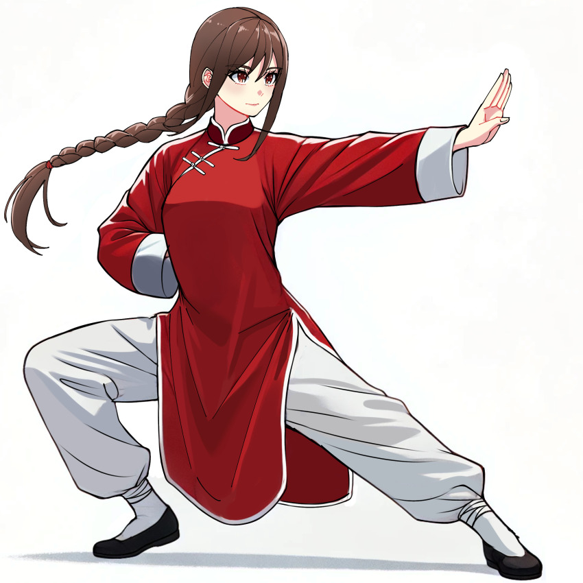 1girl absurdres brown_hair changpao china_dress chinese_clothes dress fighting fighting_stance highres kokoro_no_koibito kung_fu long_hair martial_arts monk original red_dress red_eyes self-upload shaolin_monk tangzhuang training