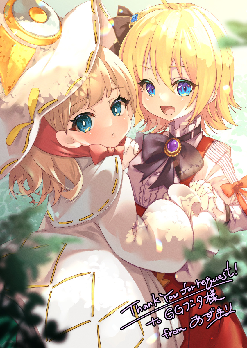 2girls absurdres az_(colorb05) backlighting blonde_hair blue_eyes brave_girl_ravens commission commissioner_name diabellze_the_original_sinkeeper dress duel_monster elzette_of_the_white_forest hat highres lisette_(brave_girl_ravens) looking_at_viewer medium_hair multiple_girls name_connection red_dress skeb_commission smile standing white_dress witch_hat yu-gi-oh!