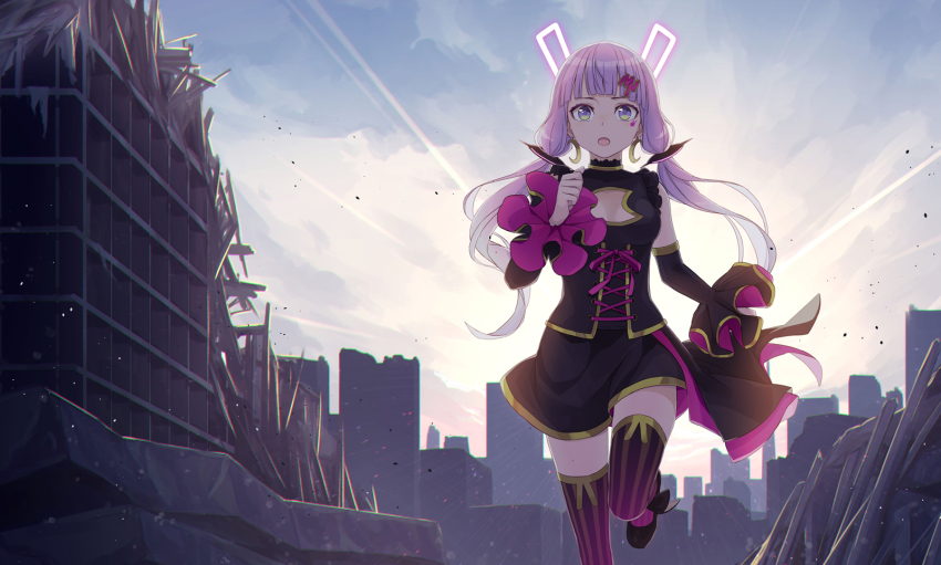 1girl animal_ears backlighting black_corset black_dress building city cleavage_cutout clenched_hands clothing_cutout cloud cloudy_sky corset crescent crescent_cutout crescent_earrings detached_sleeves dress earrings facial_mark fake_animal_ears foot_out_of_frame frilled_sleeves frills glowing_ears hair_ornament half-skirt highres jewelry light_particles light_rays looking_at_viewer open_mouth outdoors overskirt purple_eyes purple_hair rabbit_ears ruins running short_dress short_hair_with_long_locks sky skyline sleeveless sleeveless_dress solo straight-on sunbeam sunlight toromera twilight vocaloid voiceroid yuzuki_yukari yuzuki_yukari_(mu)