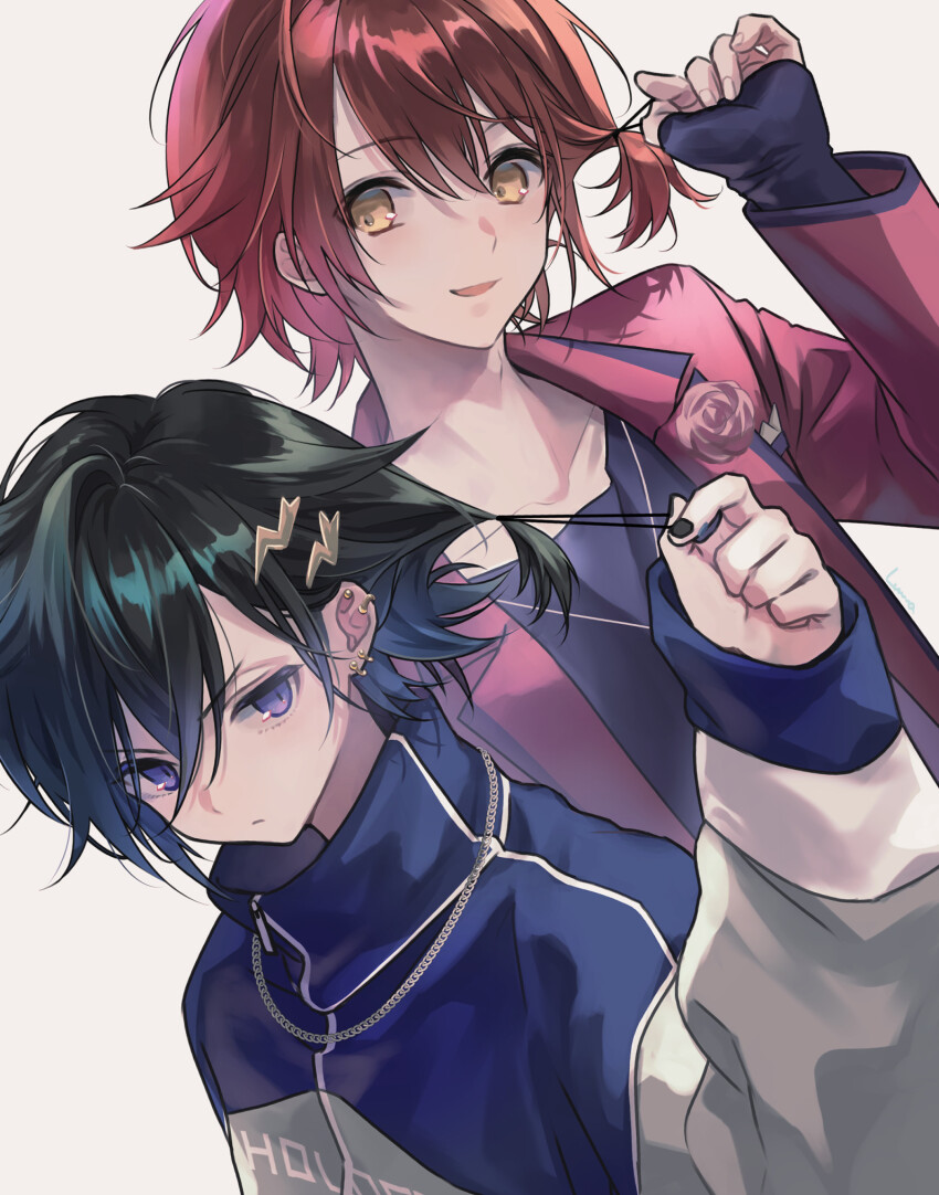 2boys alternate_costume bishounen black_hair black_nails earrings flower grey_background hair_between_eyes hair_ornament hairclip hanasaki_miyabi hashtag-only_commentary highres holostars jacket jewelry kanade_izuru lightning_bolt lightning_bolt_hair_ornament lightning_bolt_symbol luma8b male_focus multiple_boys one_side_up purple_eyes red_flower red_hair red_rose rose shirt short_hair simple_background slit_pupils smile track_jacket upper_body virtual_youtuber yellow_eyes