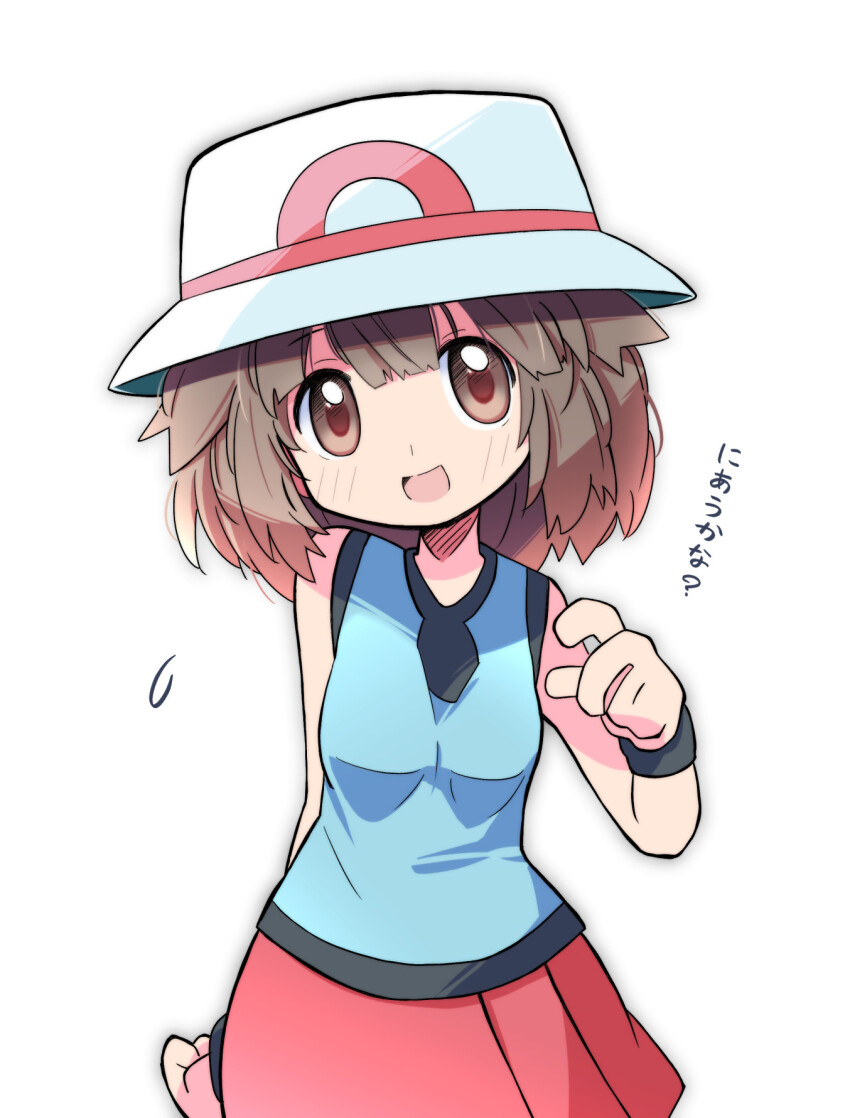 1girl alternate_hair_length alternate_hairstyle blue_shirt blush brown_eyes brown_hair hat highres leaf_(pokemon) looking_at_viewer nintendo open_mouth pokemon pokemon_frlg rascal_(feuille) red_skirt shirt short_hair simple_background skirt sleeveless sleeveless_shirt solo translation_request white_background white_hat