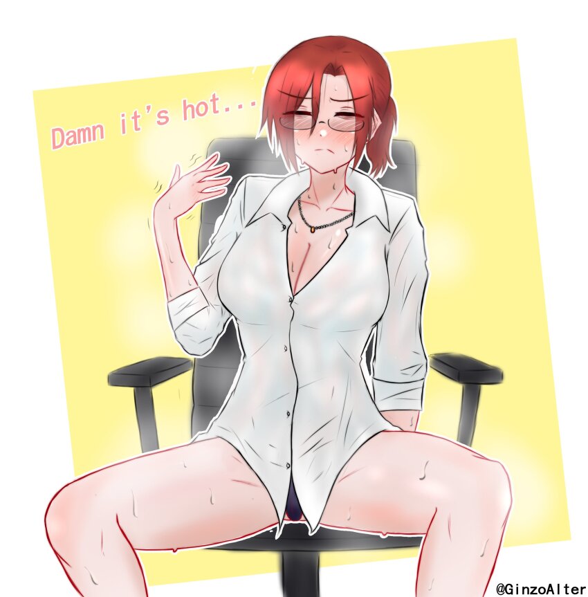 absurdres aozaki_touko black_panties breasts chair closed_eyes commentary dress_shirt english_commentary fanning_self ginzoalter glasses highres jewelry kara_no_kyoukai large_breasts necklace panties red_hair shirt spread_legs sweat underwear wet wet_clothes wet_shirt
