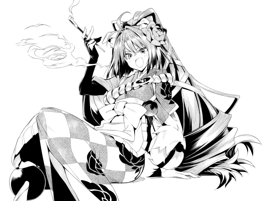 10mo 1girl ahoge animal_ears checkered_clothes checkered_kimono dog_ears fate/grand_order fate_(series) floral_print flower gloves greyscale hair_flower hair_ornament highres holding holding_smoking_pipe japanese_clothes kimono kiseru kyokutei_bakin_(fate) long_hair monochrome partially_fingerless_gloves ponytail single_glove sitting smoke smoking_pipe