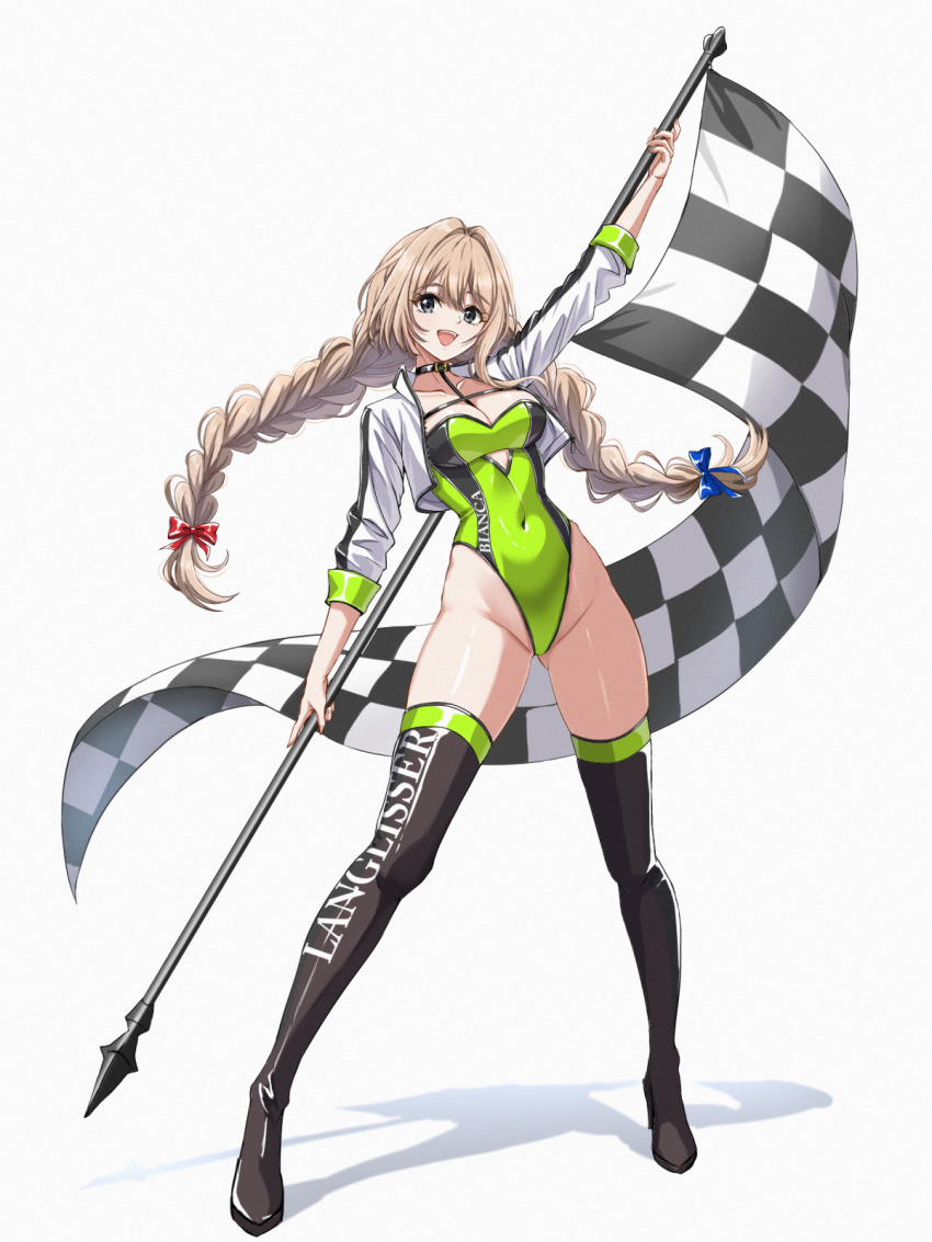1girl black_thighhighs blonde_hair blue_bow bow bowtie braid breasts character_request checkered_flag cleavage cropped_jacket flag green_eyes green_leotard hair_intakes highres holding holding_flag jacket langrisser langrisser_mobile large_breasts leotard long_hair long_sleeves low_twin_braids open_mouth race_queen red_bow thighhighs tsukiyuki_mike twin_braids white_jacket