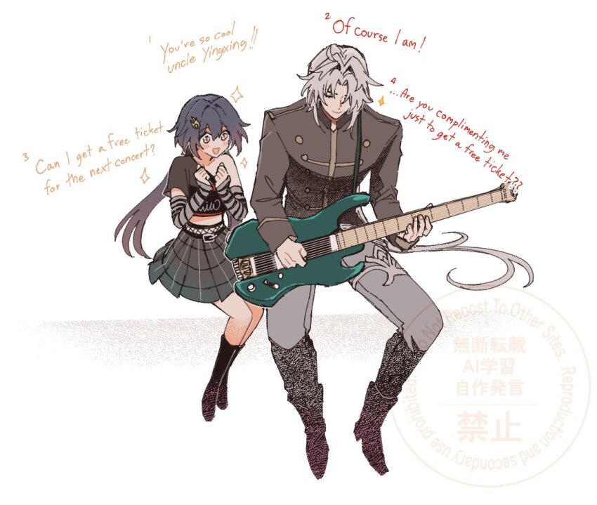 1boy 1girl :d black_boots black_hair black_shirt black_skirt blade_(honkai:_star_rail) boots crop_top detached_sleeves electric_guitar goth_fashion grey_hair grey_jacket grey_pants guitar holding holding_instrument honkai:_star_rail honkai_(series) instrument jacket long_hair long_sleeves lumbbyz midriff miniskirt official_art open_mouth pants pleated_skirt shirt simple_background single-shoulder_shirt single_bare_shoulder sitting skirt smile very_long_hair white_background yingxing_(honkai:_star_rail) yunli_(honkai:_star_rail) yunli_(on_the_journey)_(honkai:_star_rail)