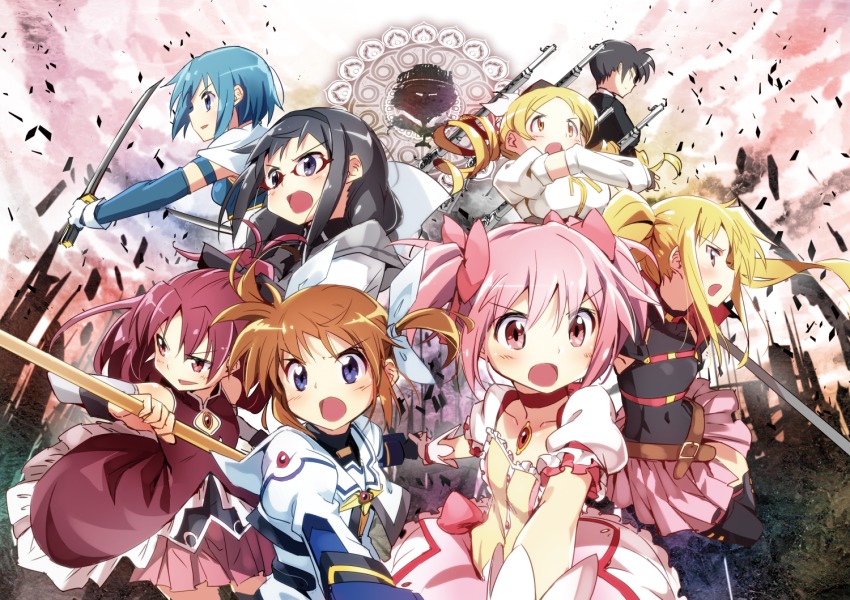 1boy 6+girls akemi_homura akemi_homura_(magical_girl) black_gloves black_hair black_hairband black_legwear black_leotard blonde_hair blue_eyes blue_hair bow brown_eyes brown_hair bun150 chrono_harlaown collarbone covered_navel crossover day detached_sleeves drill_hair fate_testarossa fate_testarossa_(movie_1st_form) fingerless_gloves gloves hair_bow hair_ribbon hairband high_ponytail holding holding_sword holding_weapon kaname_madoka kaname_madoka_(magical_girl) leotard long_hair lyrical_nanoha magical_girl mahou_shoujo_lyrical_nanoha mahou_shoujo_madoka_magica mahou_shoujo_madoka_magica_(anime) miki_sayaka miki_sayaka_(magical_girl) miniskirt multiple_girls neck_ribbon official_style open_mouth outdoors pink_hair pink_skirt pleated_skirt ponytail red-framed_eyewear red_bow red_eyes red_hair ribbon sakura_kyoko sakura_kyoko_(magical_girl) short_sleeves skirt sword takamachi_nanoha takamachi_nanoha_(movie_1st_mode) thighhighs tomoe_mami tomoe_mami_(magical_girl) twin_drills twintails very_long_hair walpurgisnacht_(madoka_magica) weapon white_gloves white_ribbon yellow_eyes yellow_ribbon