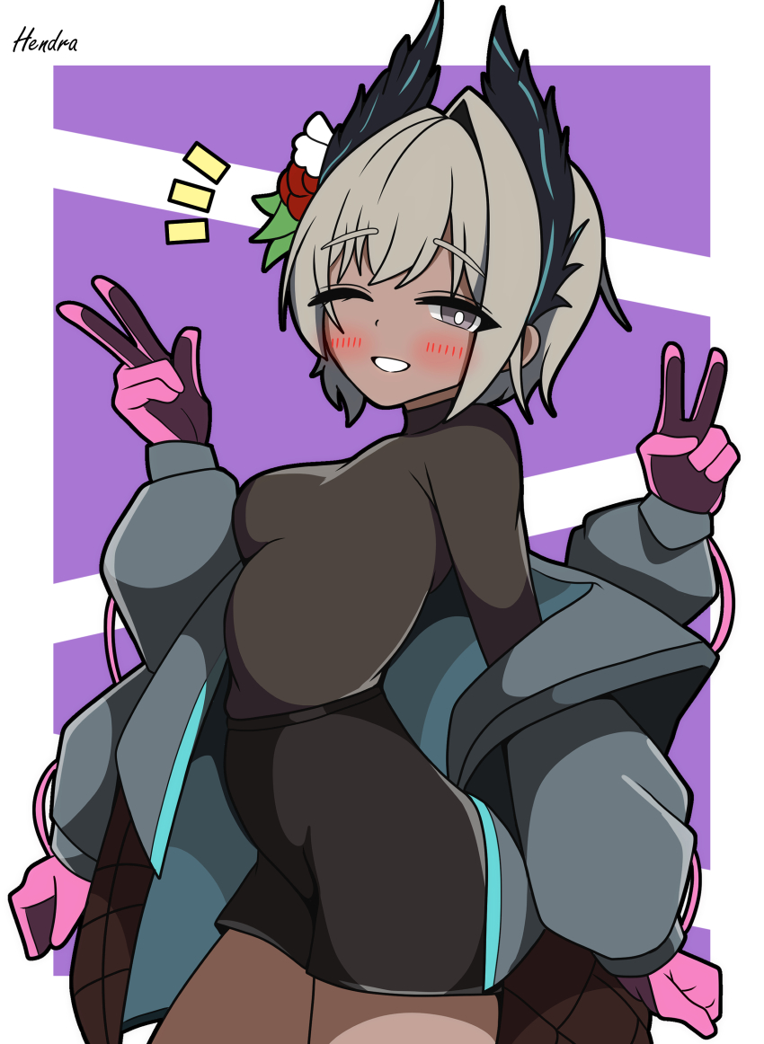 1girl absurdres arknights artist_name breasts commentary cowboy_shot dark-skinned_female dark_skin extra_arms flower gloves grey_eyes grey_hair grey_jacket grin hair_flower hair_ornament head_wings hendra highres jacket long_sleeves looking_at_viewer medium_breasts notice_lines one_eye_closed parted_lips pink_gloves purple_background raidian_(arknights) short_hair signature simple_background smile solo unusually_open_eyes v wings