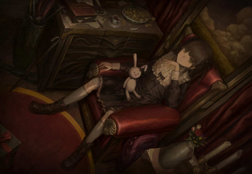 1girl absurdres armchair bandage_on_knee black_bow black_dress book boots bow brown_boots brown_eyes brown_hair candle candlestand cane chair closed_mouth coin commentary_request cup dress flower full_body gift highres indoors inkwell key kneehighs long_hair long_sleeves looking_at_viewer original painting_(object) pen pink_flower quill red_flower sauce sitting socks solo spoon stuffed_animal stuffed_rabbit stuffed_toy subfiction teacup umbrella vase white_socks