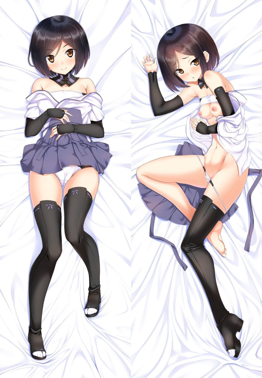 1girl a9b_(louis814) bare_shoulders black_hair black_thighhighs blush bra bra_lift breasts brown_eyes cameltoe closed_mouth highres kuroda_kunika looking_at_viewer lying multiple_views navel nipples noble_witches on_back on_side panties short_hair small_breasts smile thighhighs underwear white_panties world_witches_series