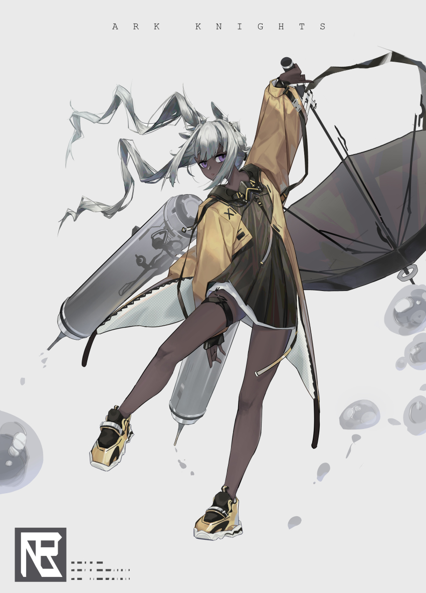 1girl absurdres arknights black_dress camel_ears coat commentary_request copyright_name dark-skinned_female dark_skin dress highres holding holding_umbrella long_hair long_sleeves looking_at_viewer nlarou open_mouth purple_eyes shoes simple_background sneakers solo thigh_strap tuye_(arknights) umbrella white_background white_hair yellow_coat yellow_shoes