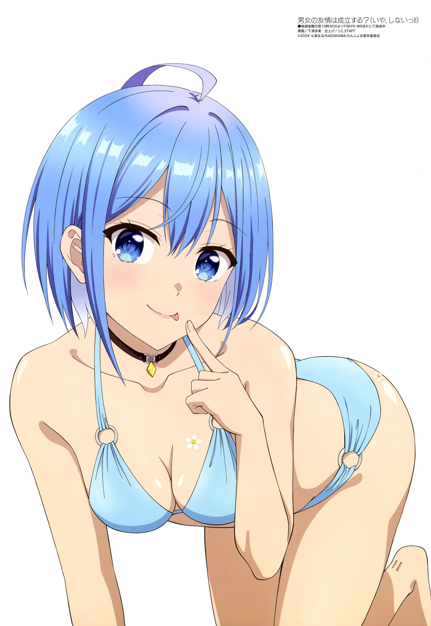 1girl :p absurdres ahoge all_fours armpit_crease bare_arms bare_legs bare_shoulders barefoot bikini black_choker blue_bikini blue_eyes blue_hair breasts choker cleavage closed_mouth collarbone colored_inner_hair copyright_name copyright_notice danjo_no_yuujou_wa_seiritsu_suru? double-parted_bangs finger_to_mouth flower_on_chest hair_behind_ear hair_between_eyes halterneck highres inuzuka_himari looking_at_viewer magazine_scan medium_breasts megami_magazine multicolored_hair o-ring o-ring_bikini o-ring_bottom o-ring_top official_art pendant_choker scan shade shimotsu_ayumi shiny_skin short_hair sidelocks simple_background smile solo swimsuit tongue tongue_out white_background