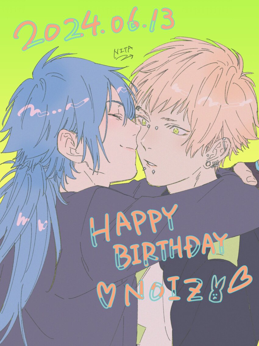 2boys arms_around_neck barbell_piercing black_shirt blonde_hair blue_hair bridge_piercing character_name closed_eyes closed_mouth commentary_request dramatical_murder ear_piercing earrings english_text green_background green_eyes happy_birthday heart highres hug industrial_piercing jewelry labret_piercing long_hair long_sleeves male_focus multiple_boys multiple_piercings nita_n_n noiz_(dramatical_murder) parted_lips piercing seragaki_aoba shirt short_hair smile teeth upper_body yaoi