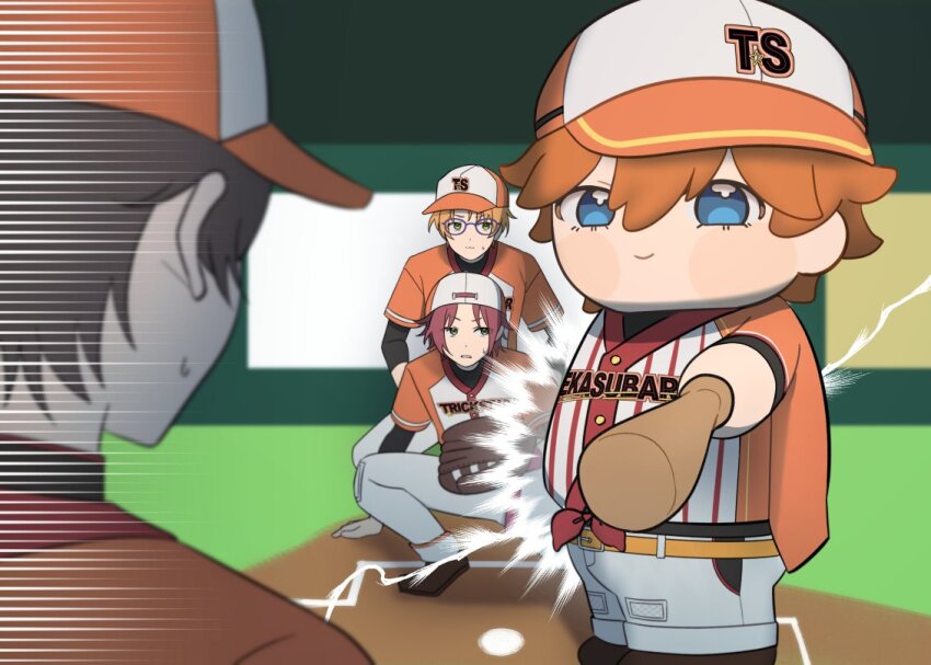 4boys akehoshi_subaru backwards_hat baseball_cap baseball_glove bbahot belt black_hair blonde_hair blue_eyes chibi closed_mouth ensemble_stars! facing_away hat hidaka_hokuto isara_mao korean_commentary multiple_boys orange_belt orange_hair short_hair sideways_hat smile sportswear trickstar_(ensemble_stars!) yuuki_makoto_(ensemble_stars!)