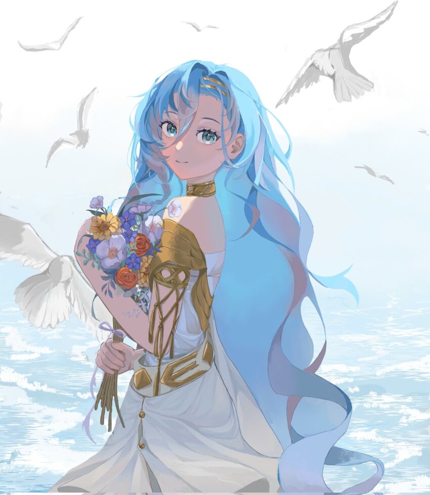 1girl 37_(reverse:1999) ancient_greek_clothes armlet bare_shoulders bird blue_eyes blue_hair bouquet flower gold_choker greco-roman_clothes hair_between_eyes hands_up highres holding holding_bouquet jewelry long_hair looking_at_viewer ocean red_flower reverse:1999 smile solo toga turning_head upper_body wavy_hair white_bird white_flower yowl